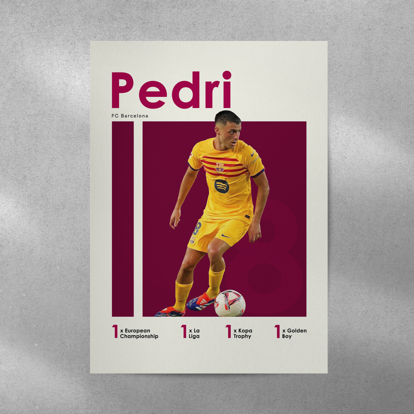 poster mockup of soccer player pedri on a grey wall