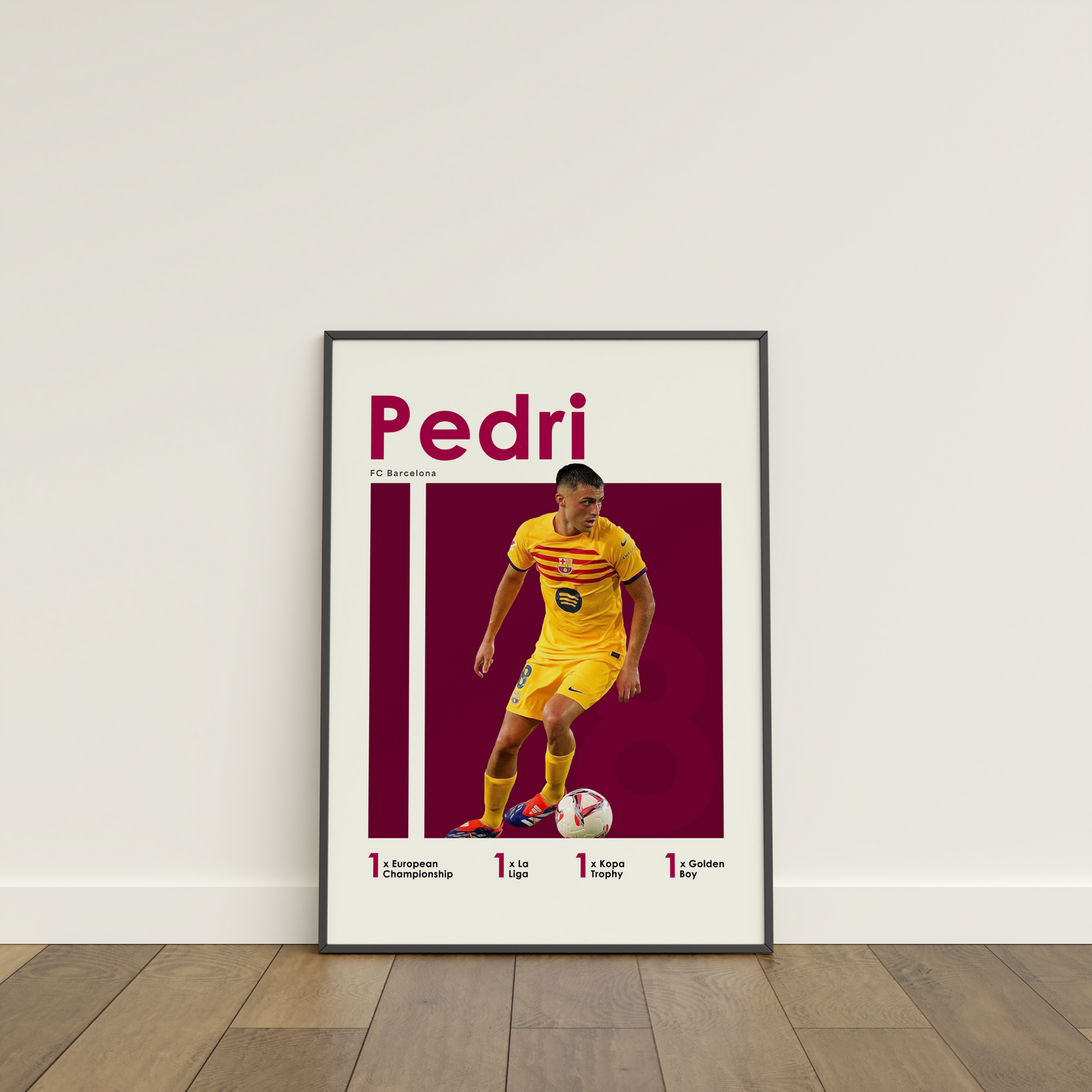 framed poster mockup of soccer  player pedri leaning on a white wall