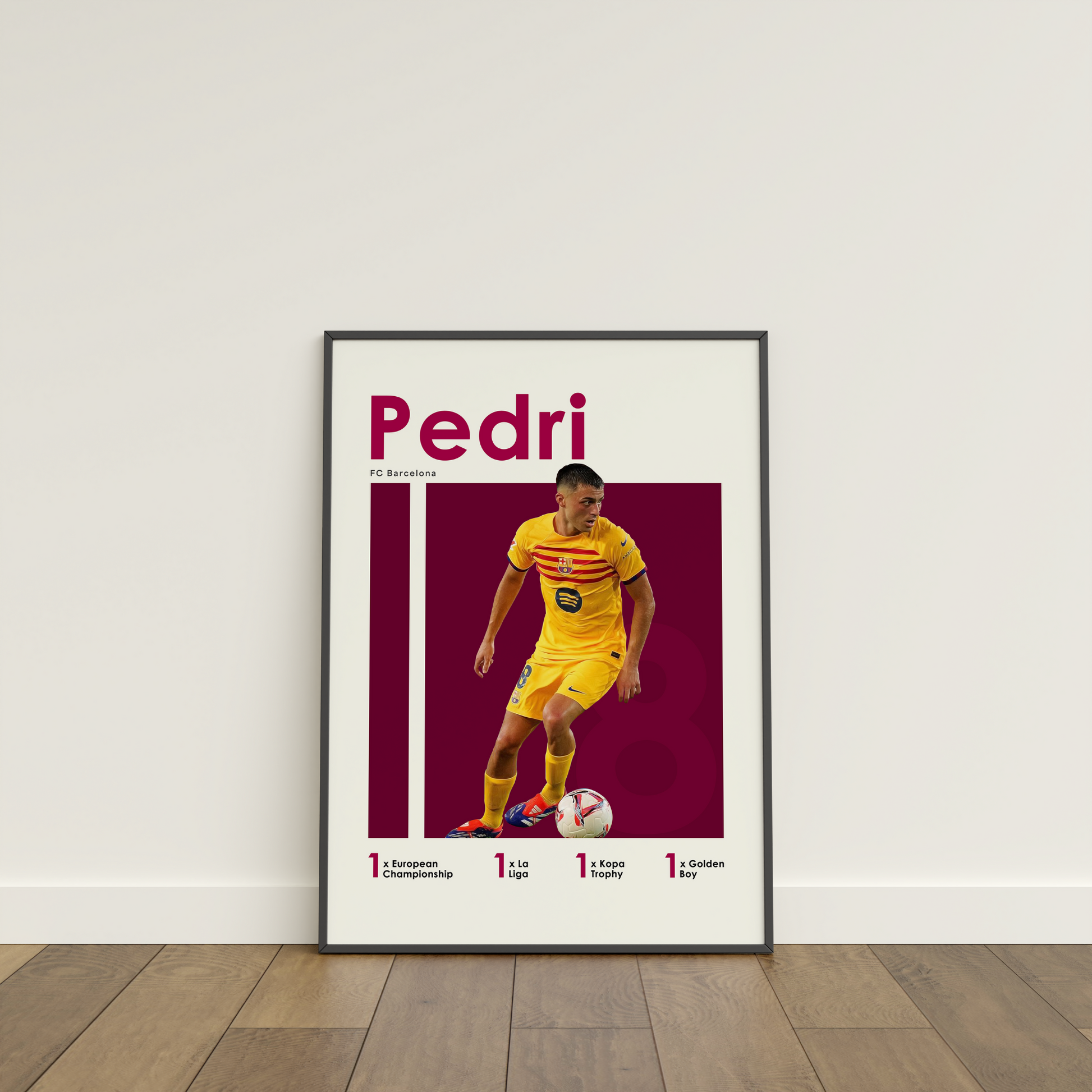 framed poster mockup of soccer  player pedri leaning on a white wall