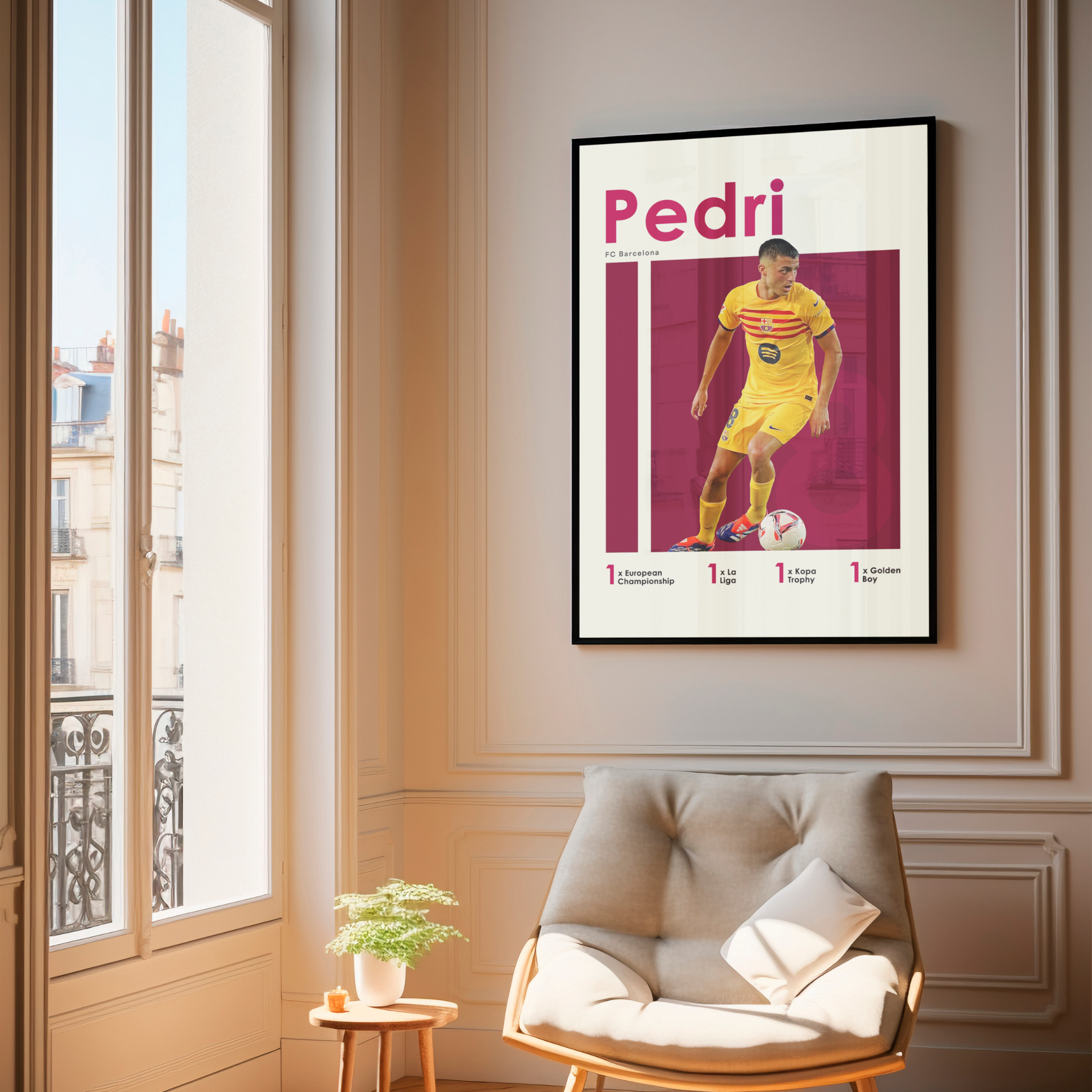 framed poster mockup of soccer player pedri hanging in a living room