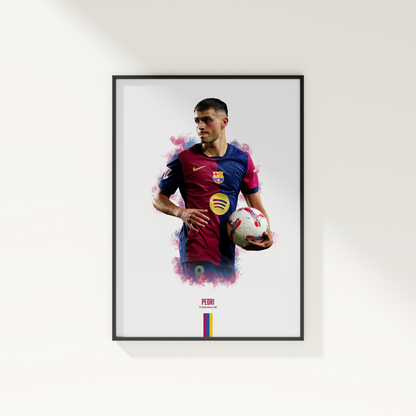 framed poster mockup of soccer player pedri hanging on a white wall