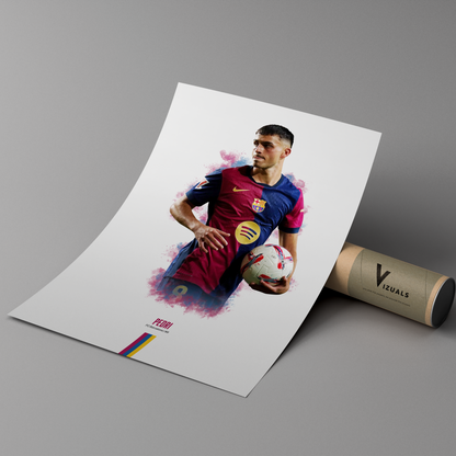 poster mockup of soccer player pedri leaning on a cardboard tube