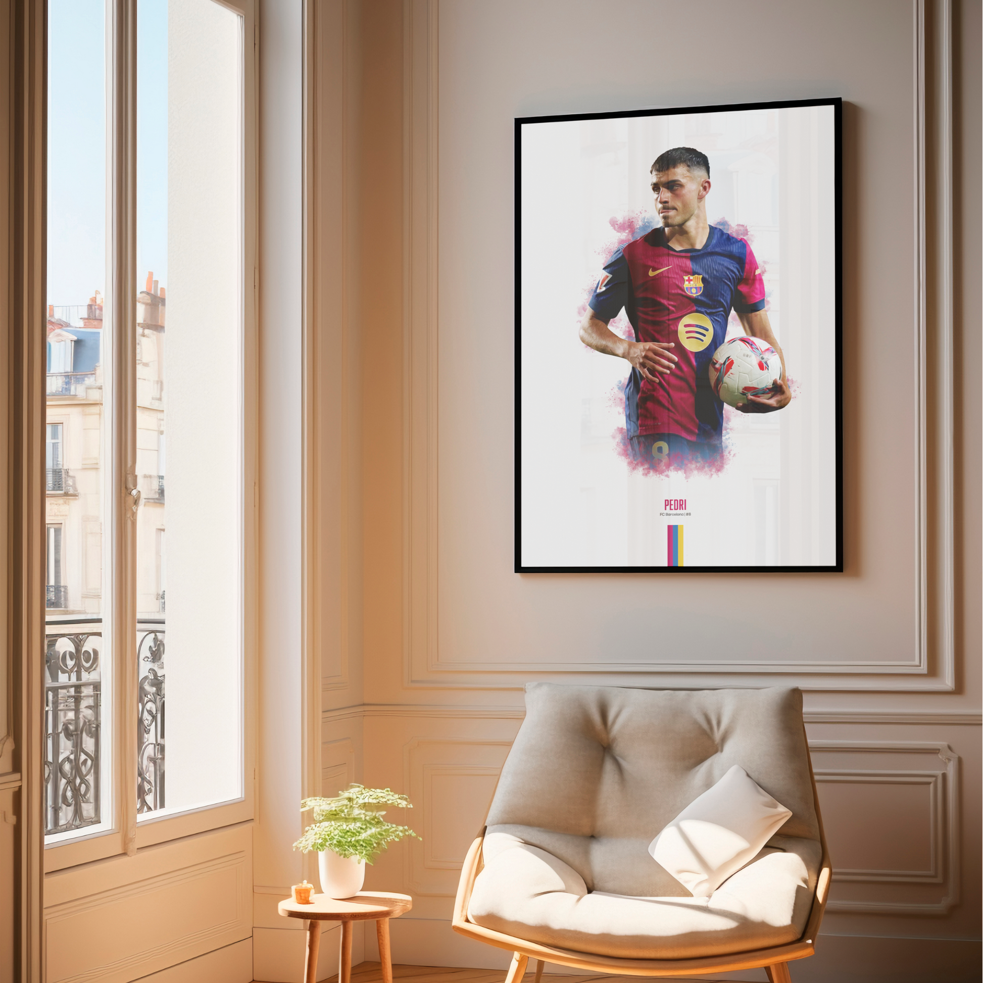 framed poster mockup of soccer player pedri hanging in a living room