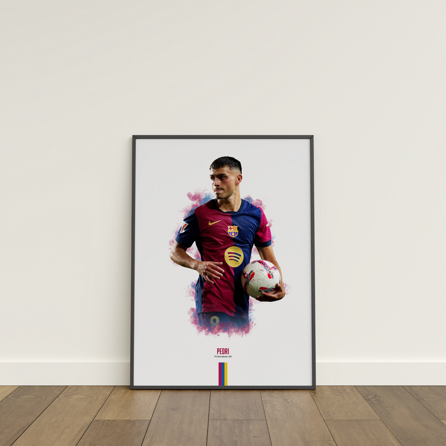 framed poster mockup of soccer player pedri leaning on a white wall