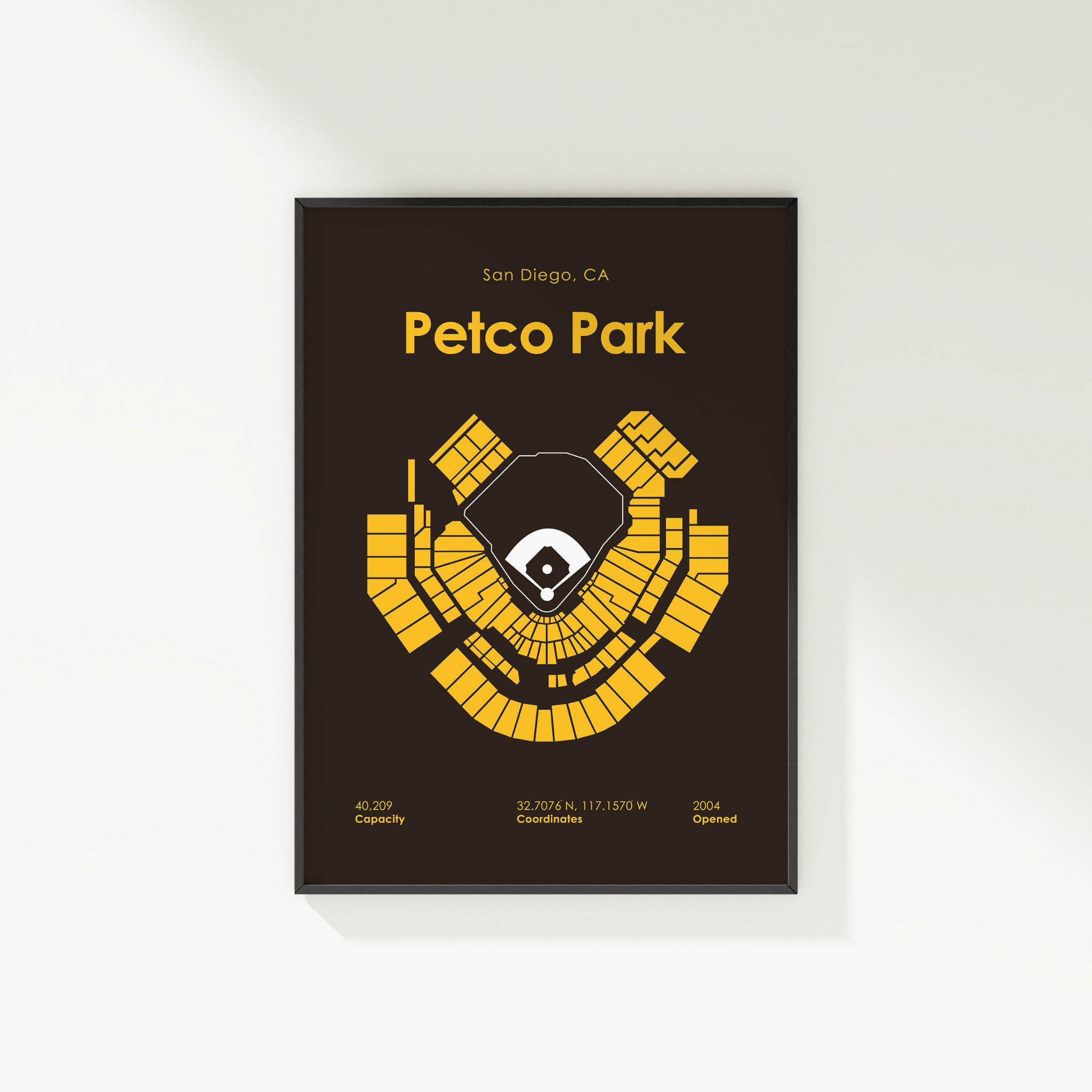 Framed poster of Petco Park layout with yellow design on a black background