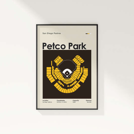 Framed poster of Petco Park layout for San Diego Padres on a white wall.