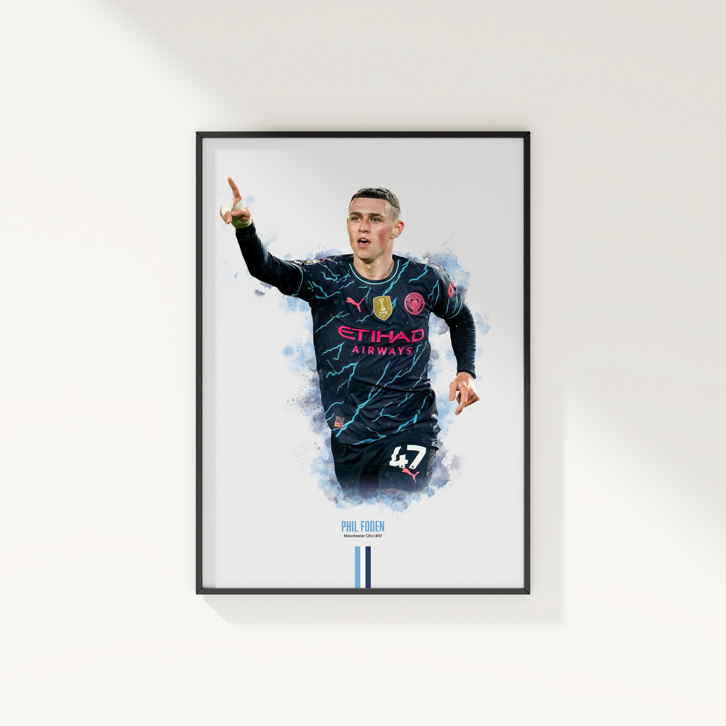 framed poster mockup of soccer player phil foden hanging on a white wall