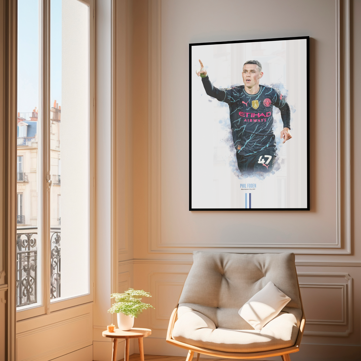 framed poster mockup of soccer player phil foden hanging in a living room