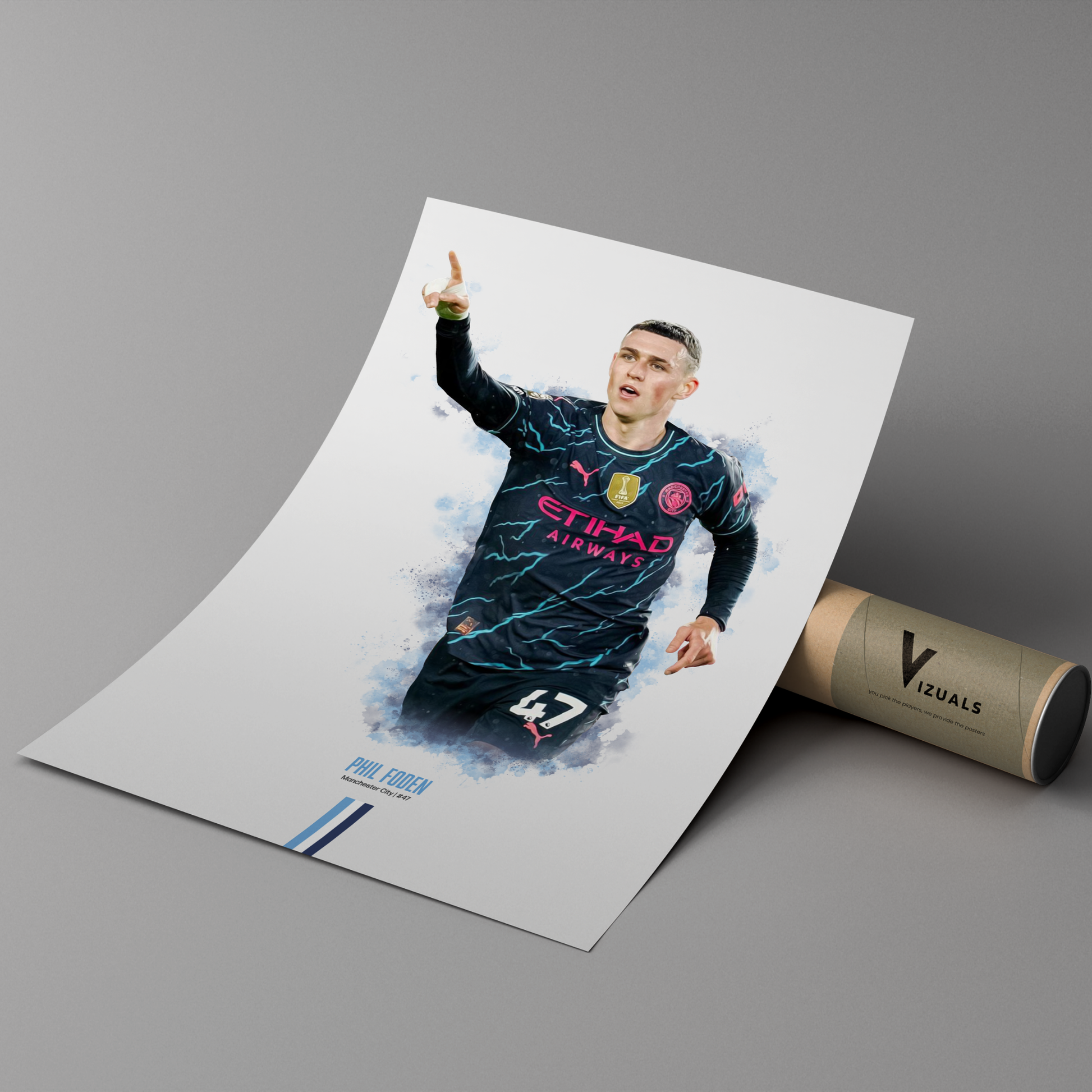 poster mockup of soccer player phil foden leaning on a cardboard tube