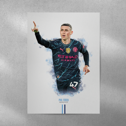 poster mockup of soccer player phil foden on a grey wall