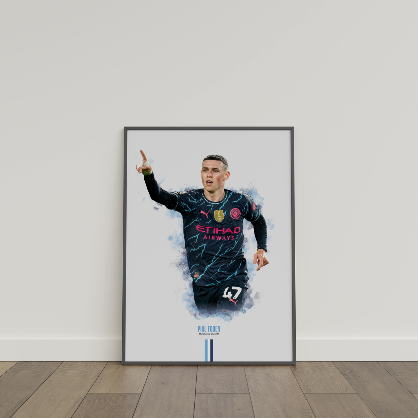 framed poster mockup of soccer player phil foden leaning on a white wall