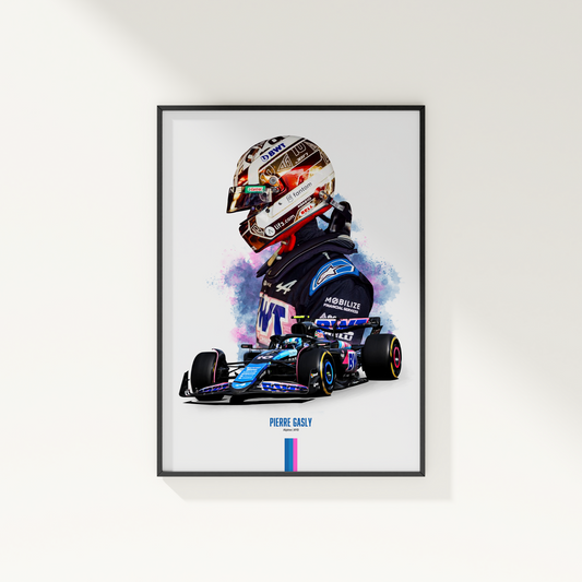 framed poster mockup of formula 1 driver pierre gasly hanging on a white wall