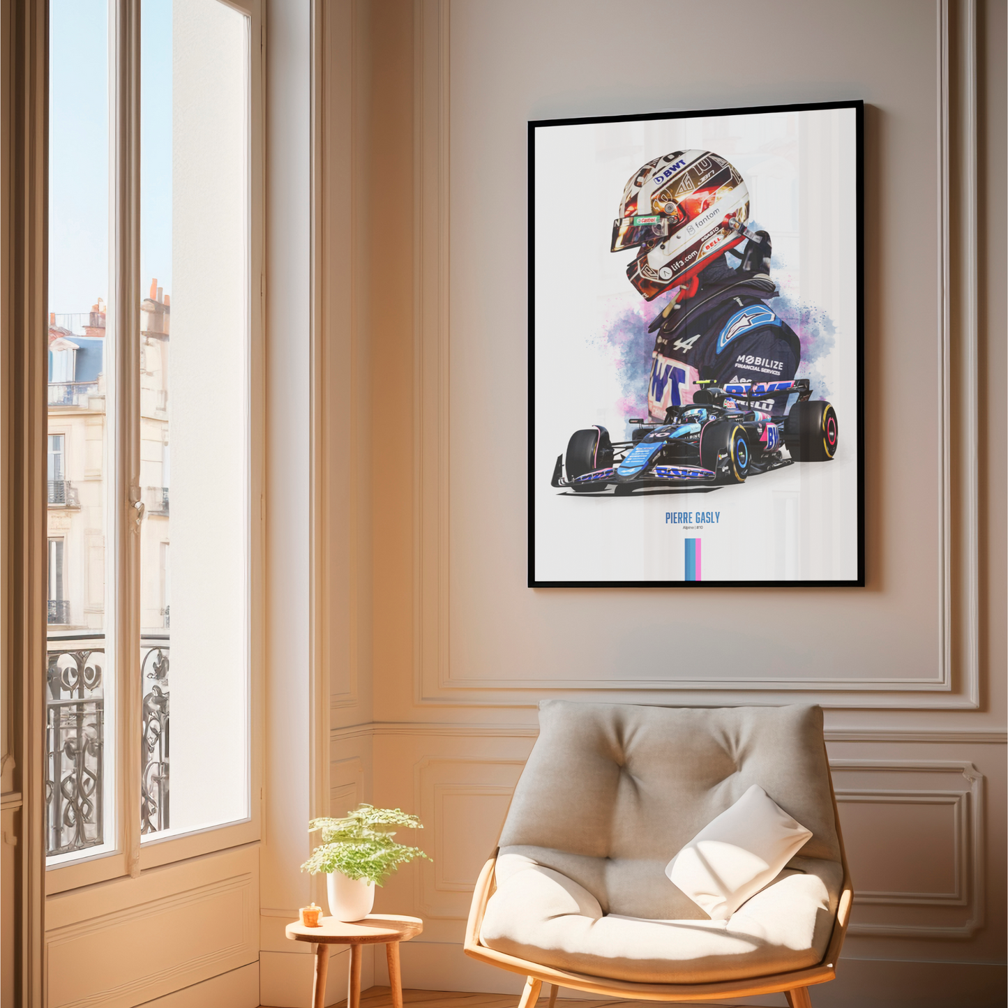 framed poster mockup of formula 1 driver pierre gasly hanging in a living room