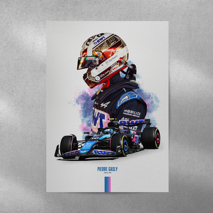 poster mockup of formula 1 driver pierre gasly on a grey wall