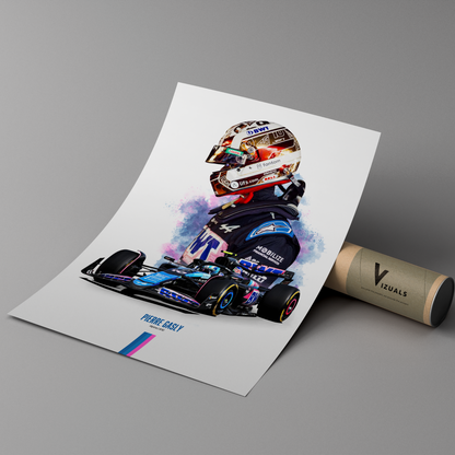 poster mockup of formula 1 driver pierre gasly leaning on a protective cardboard tube