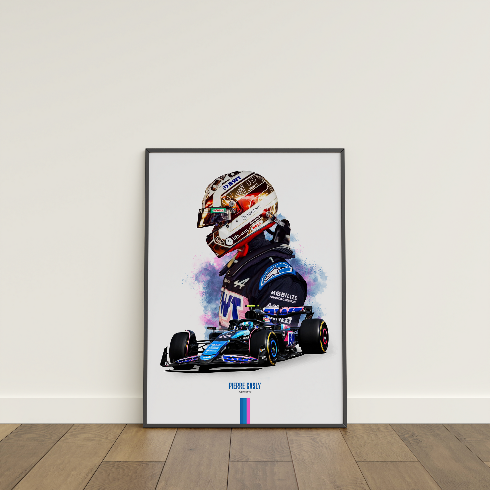 framed poster mockup of formula 1 driver pierre gasly leaning on a white wall