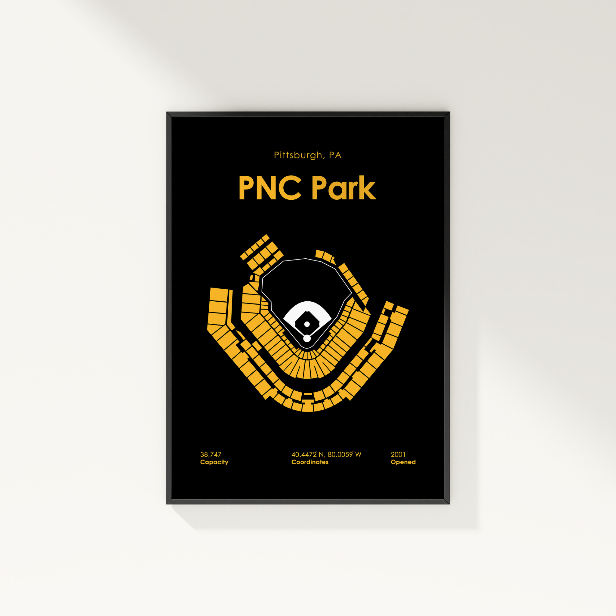 Framed poster of PNC Park with yellow text and design on a black background