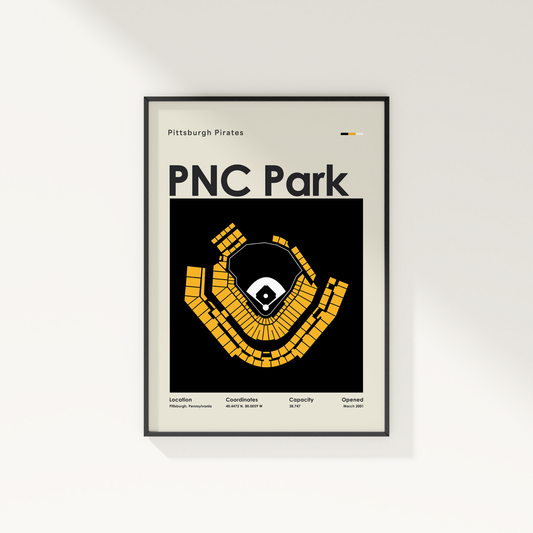 Framed poster of PNC Park with Pittsburgh Pirates logo on a white wall.