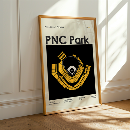 Framed poster of PNC Park with Pittsburgh Pirates logo on a wall.
