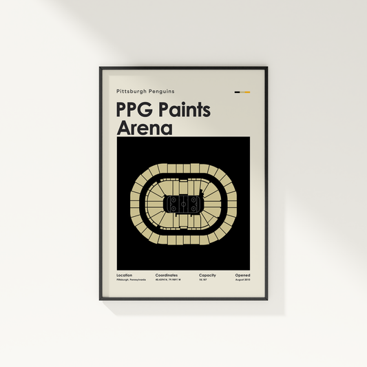 Framed poster of PPG Paints Arena with Pittsburgh Penguins text on a beige background