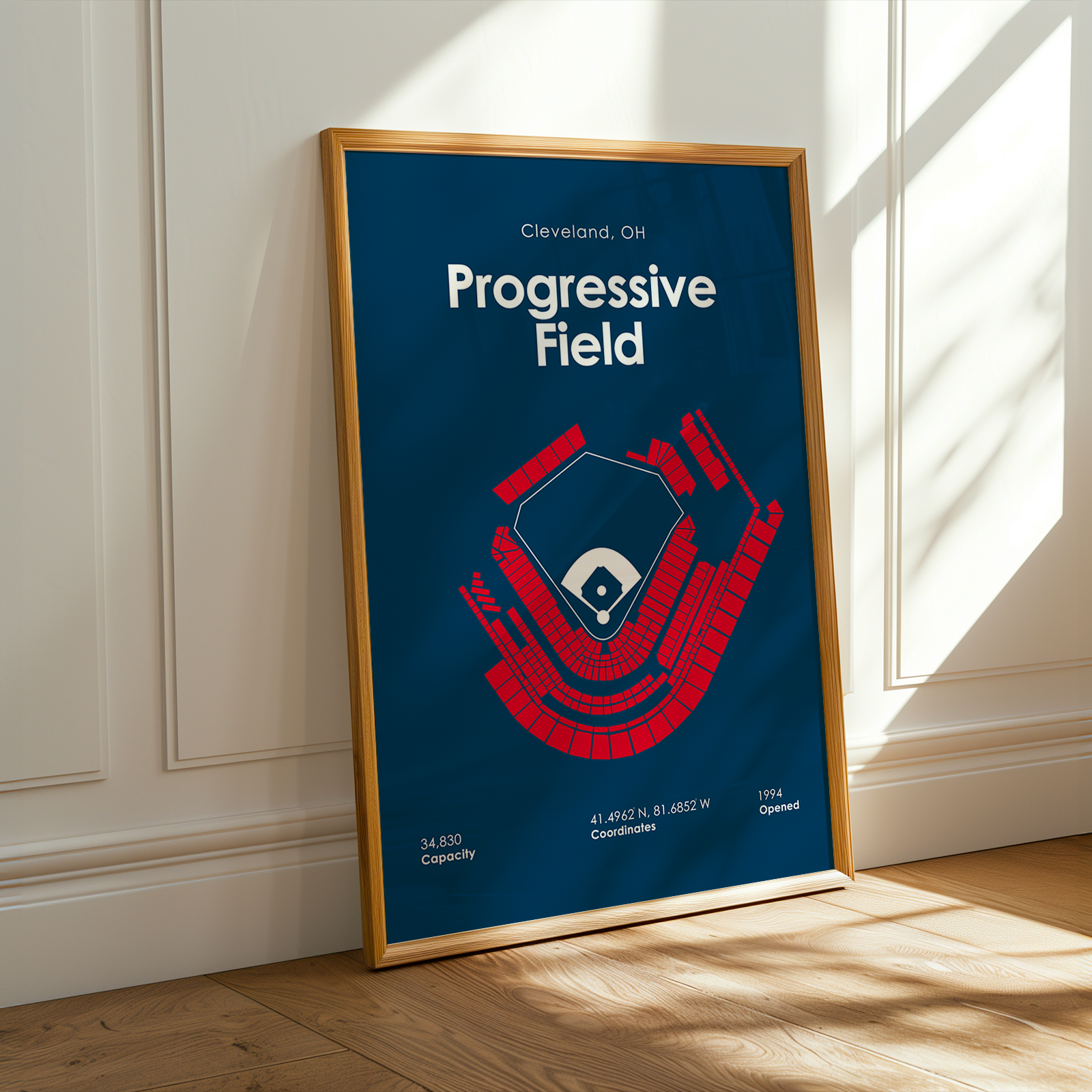 Framed poster of Progressive Field in Cleveland, OH on a wall.