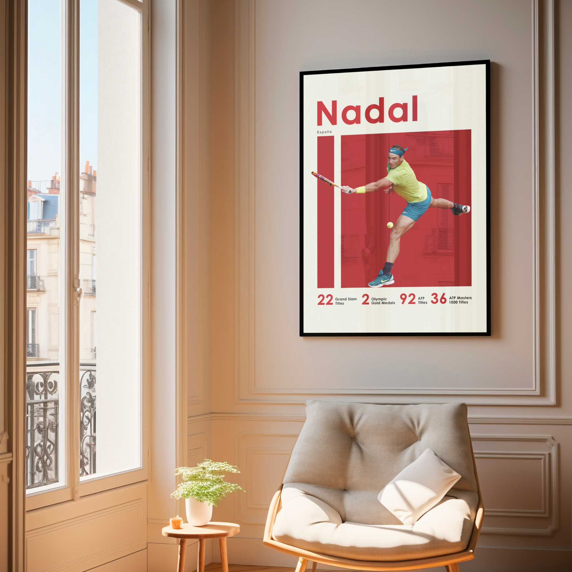 framed poster mockup of tennis player rafael nadal hanging in a living room