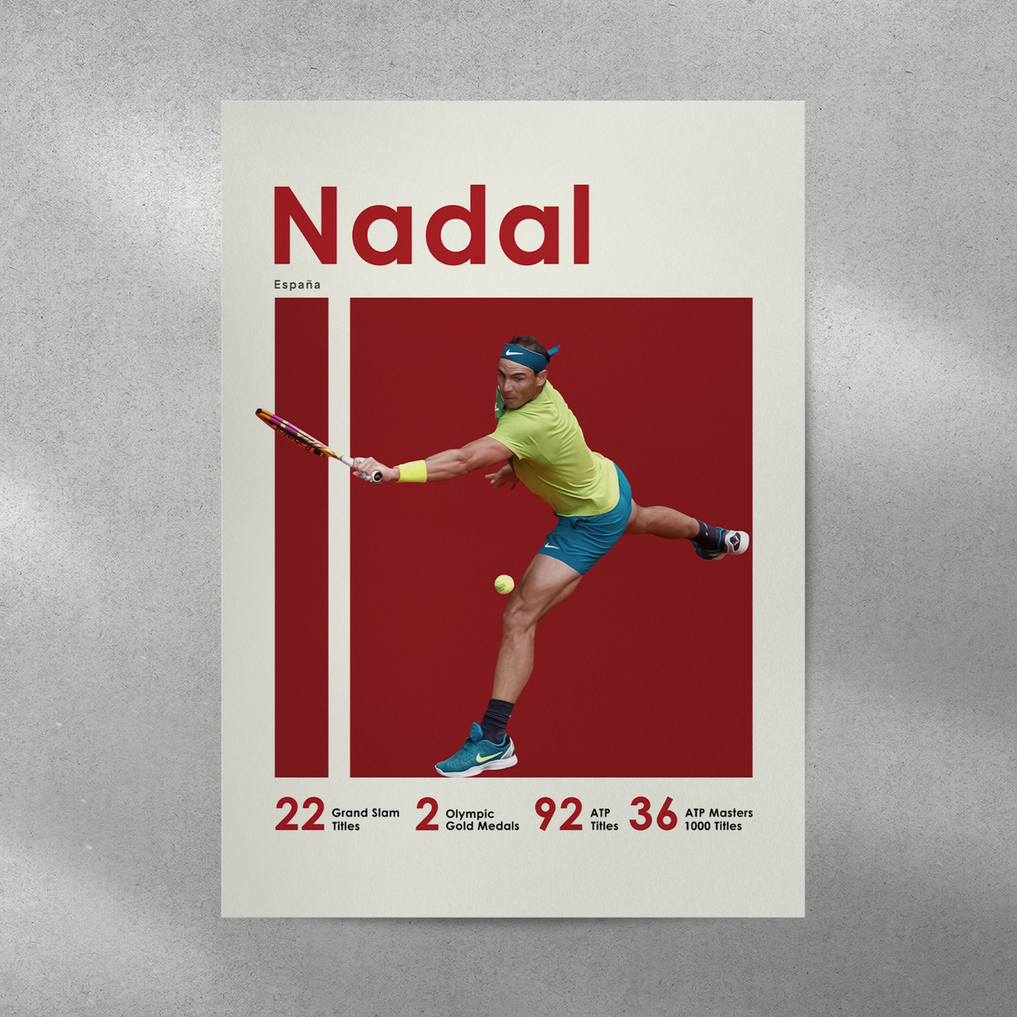 poster mockup of tennis player rafael nadal on a grey wall