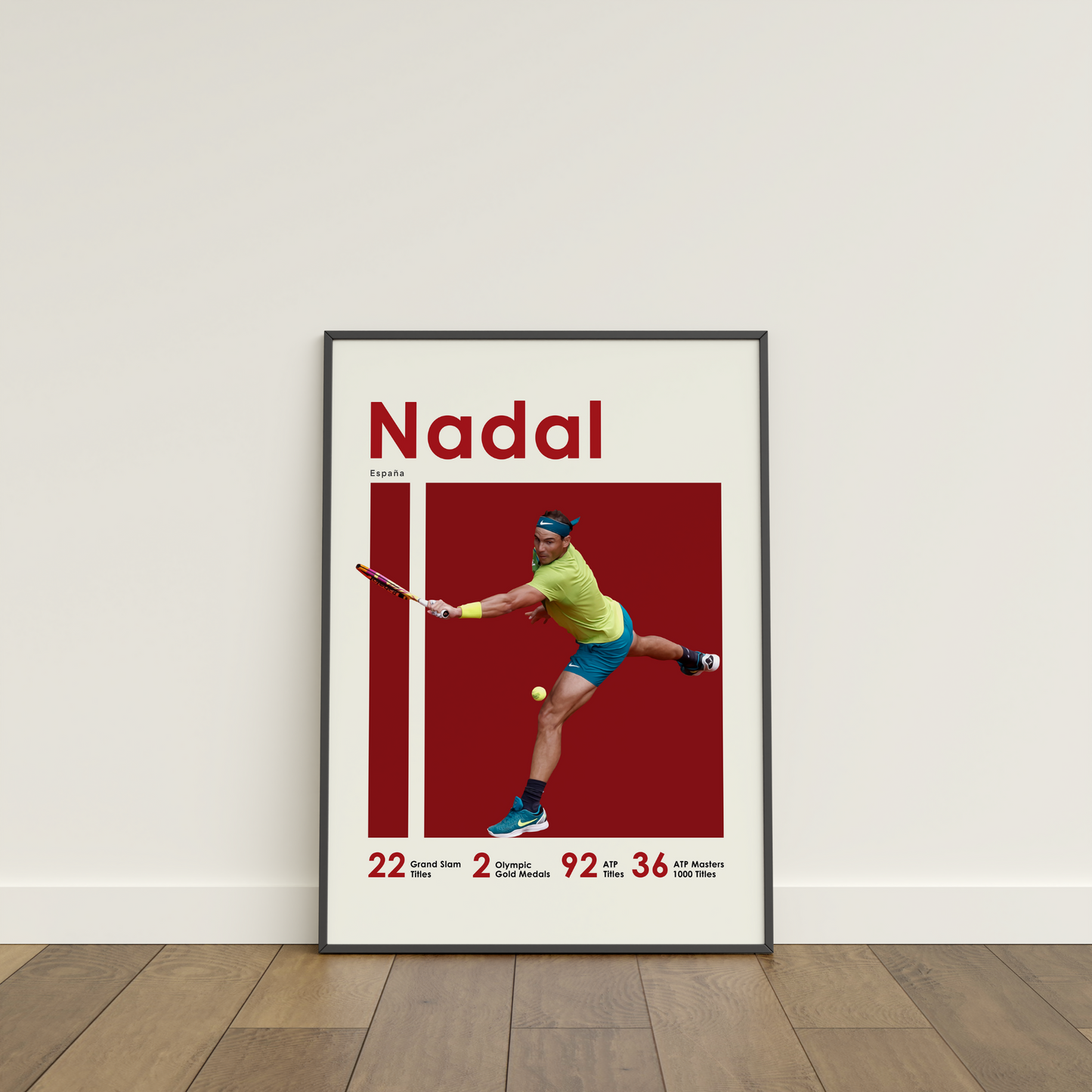 framed poster mockup of tennis player rafael nadal leaning on a white wall