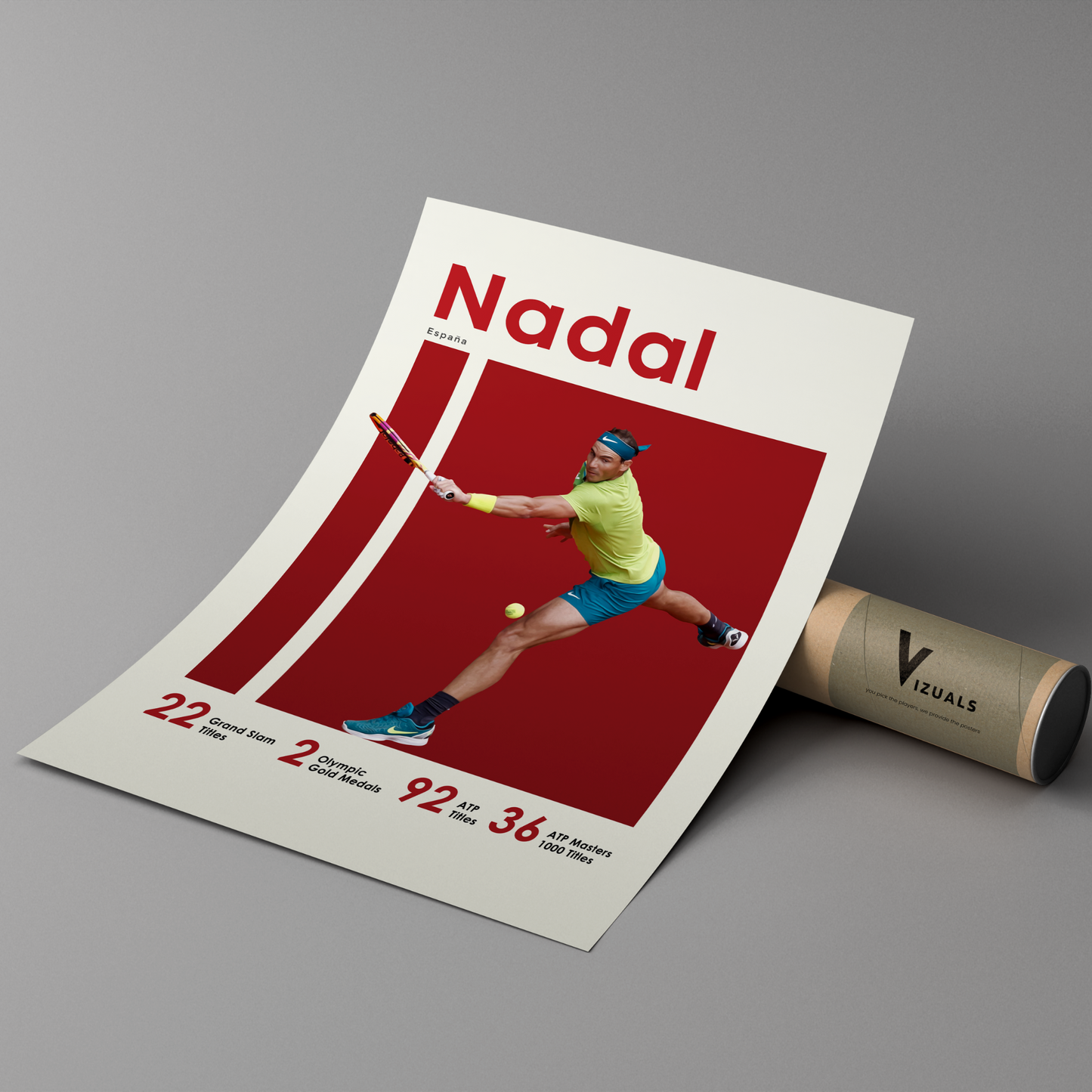 poster mockup of tennis player rafael nadal leaning on a cardboard tube