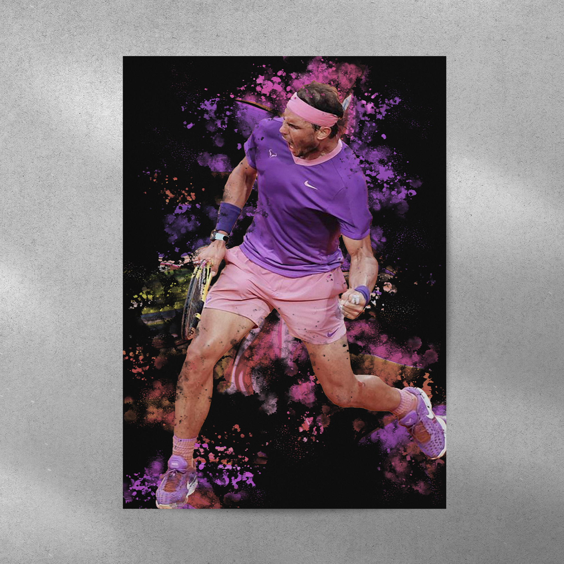 poster mockup of tennis player rafael nadal on a grey wall