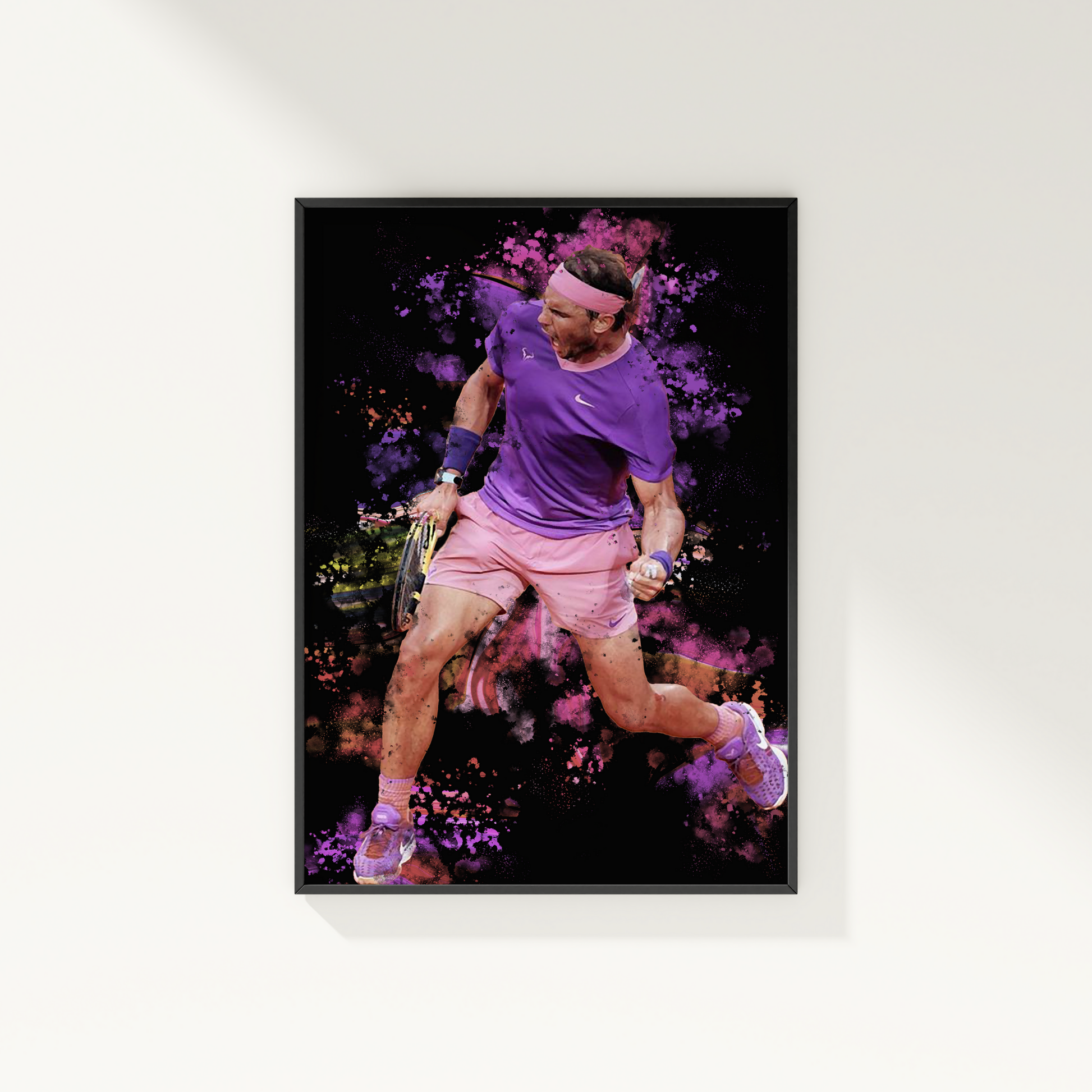 framed poster mockup of tennis player rafael nadal hanging on a white wall