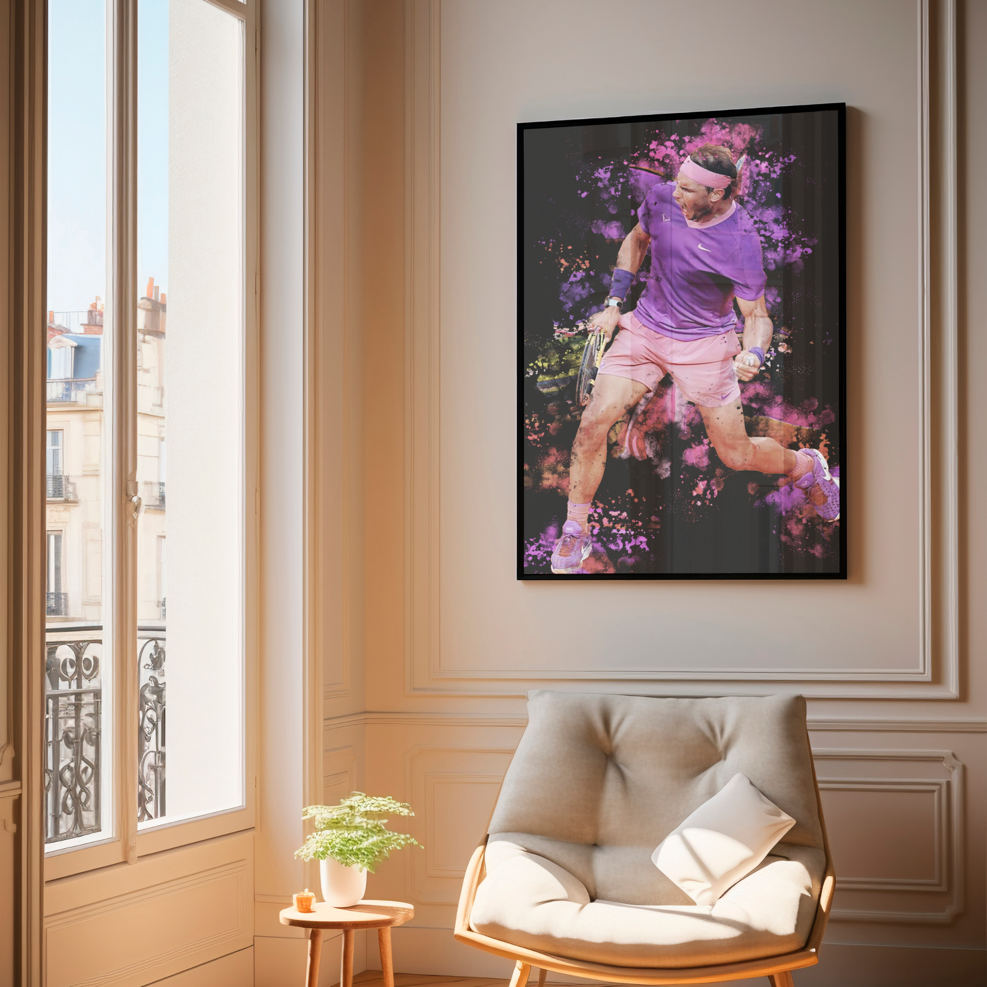 framed poster mockup of tennis player rafael nadal hanging in a living room