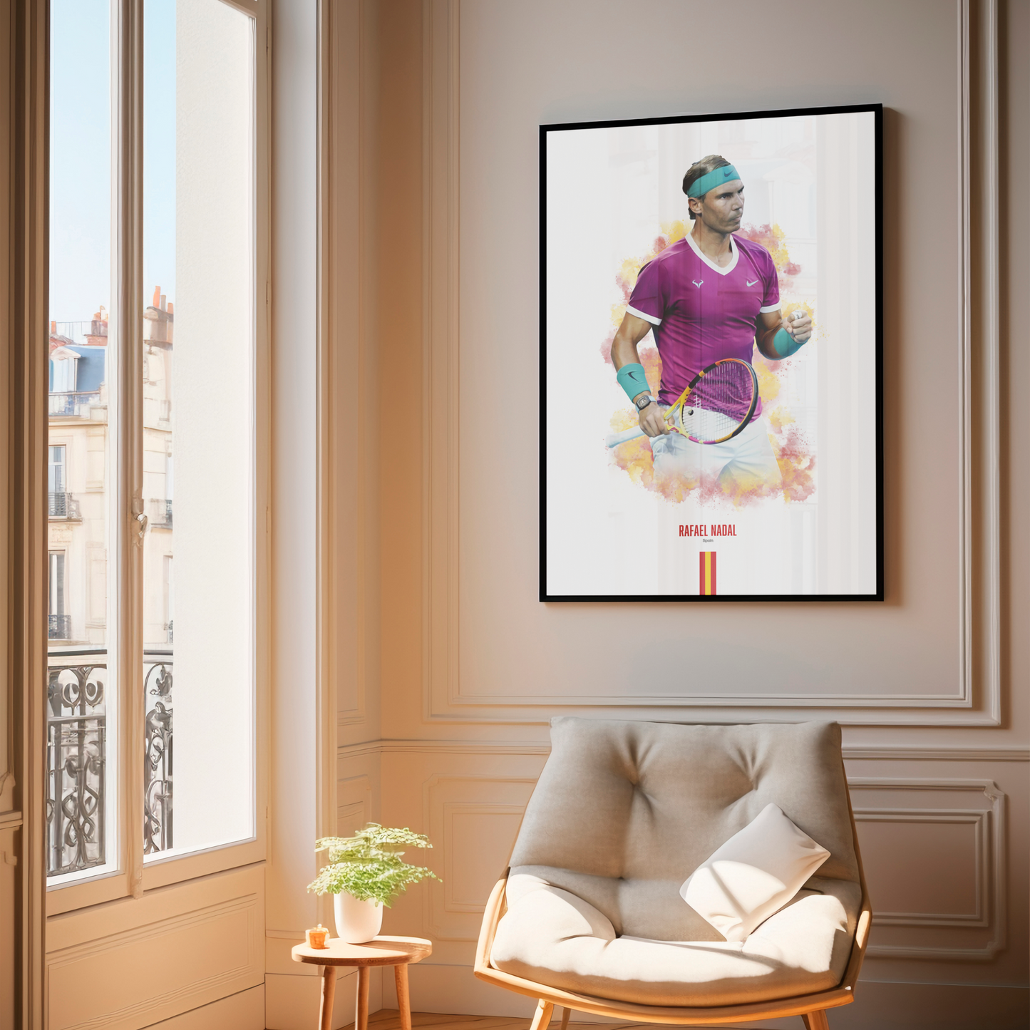 framed poster mockup of tennis player rafael nadal hanging in a living room