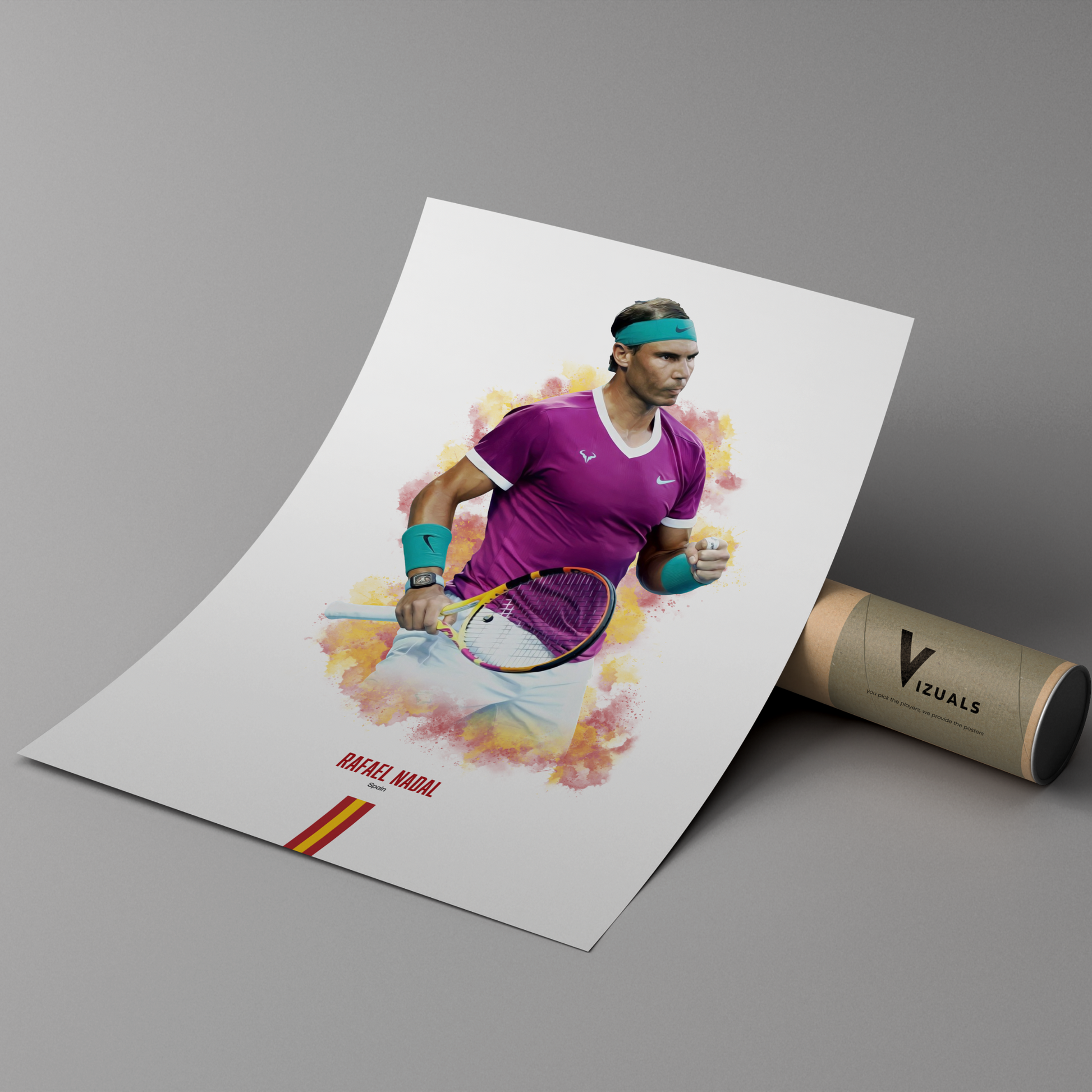 poster mockup of tennis player rafael nadal leaning on a cardboard tube