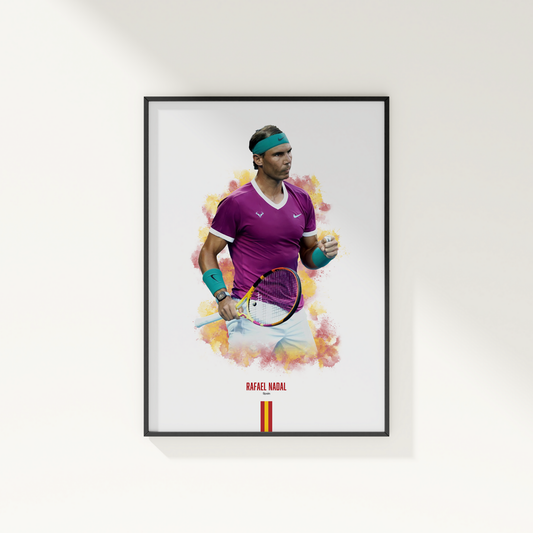 framed poster mockup of tennis player rafael nadal hanging on a white wall