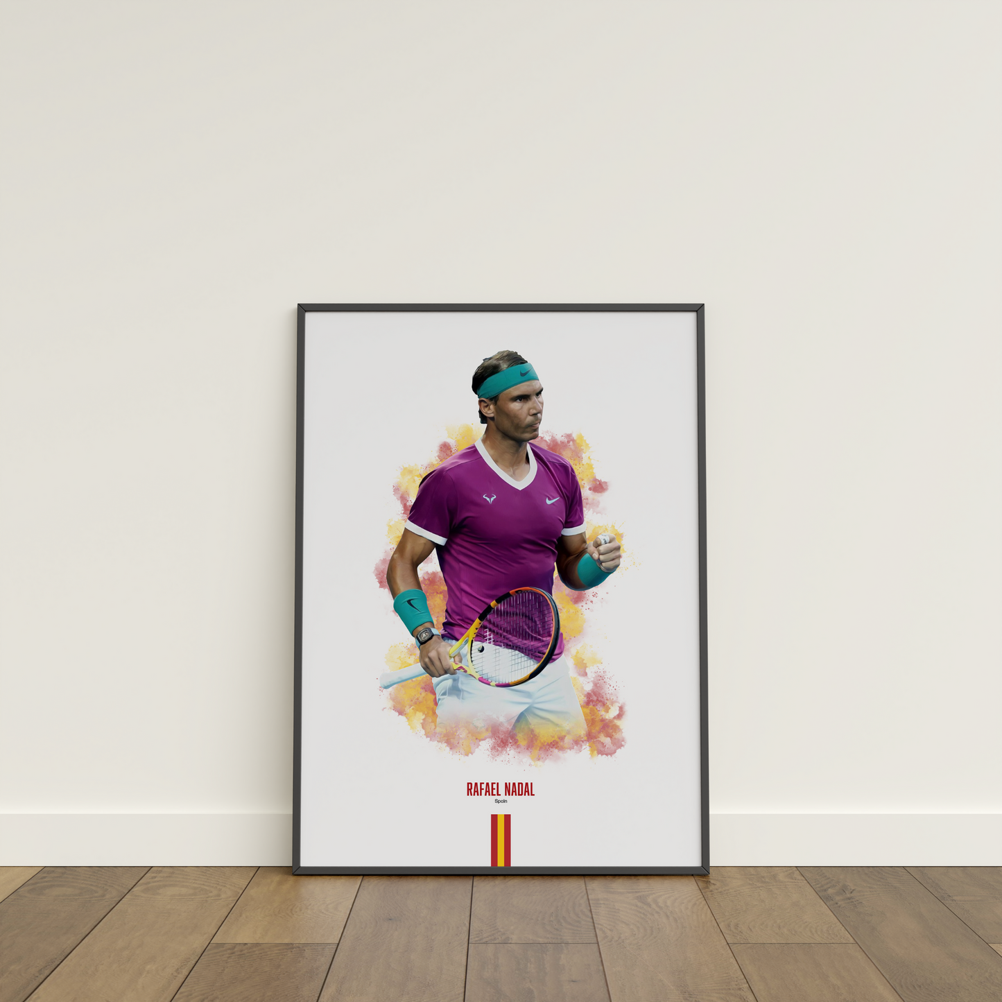 framed poster mockup of tennis player rafael nadal leaning on a white wall