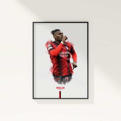 framed poster mockup of football player rafael leao hanging on a white wall