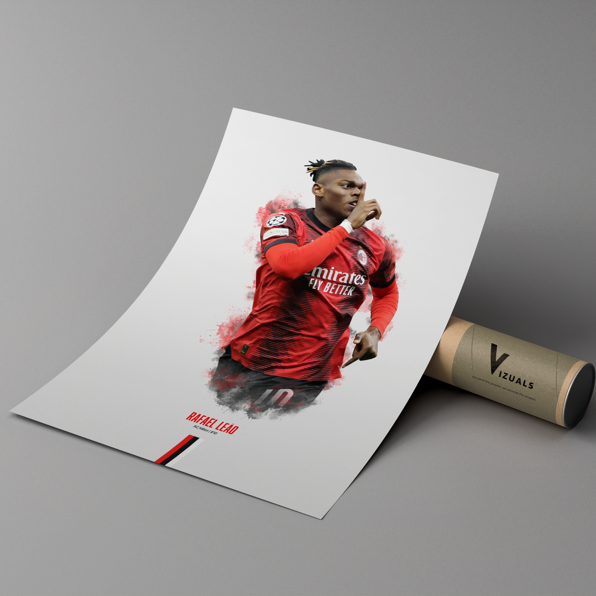 poster mockup of football player rafael leao leaning on a cardboard tube