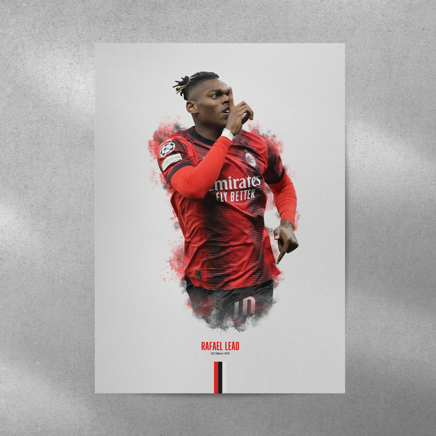 poster mockup of football player rafael leao on a grey wall