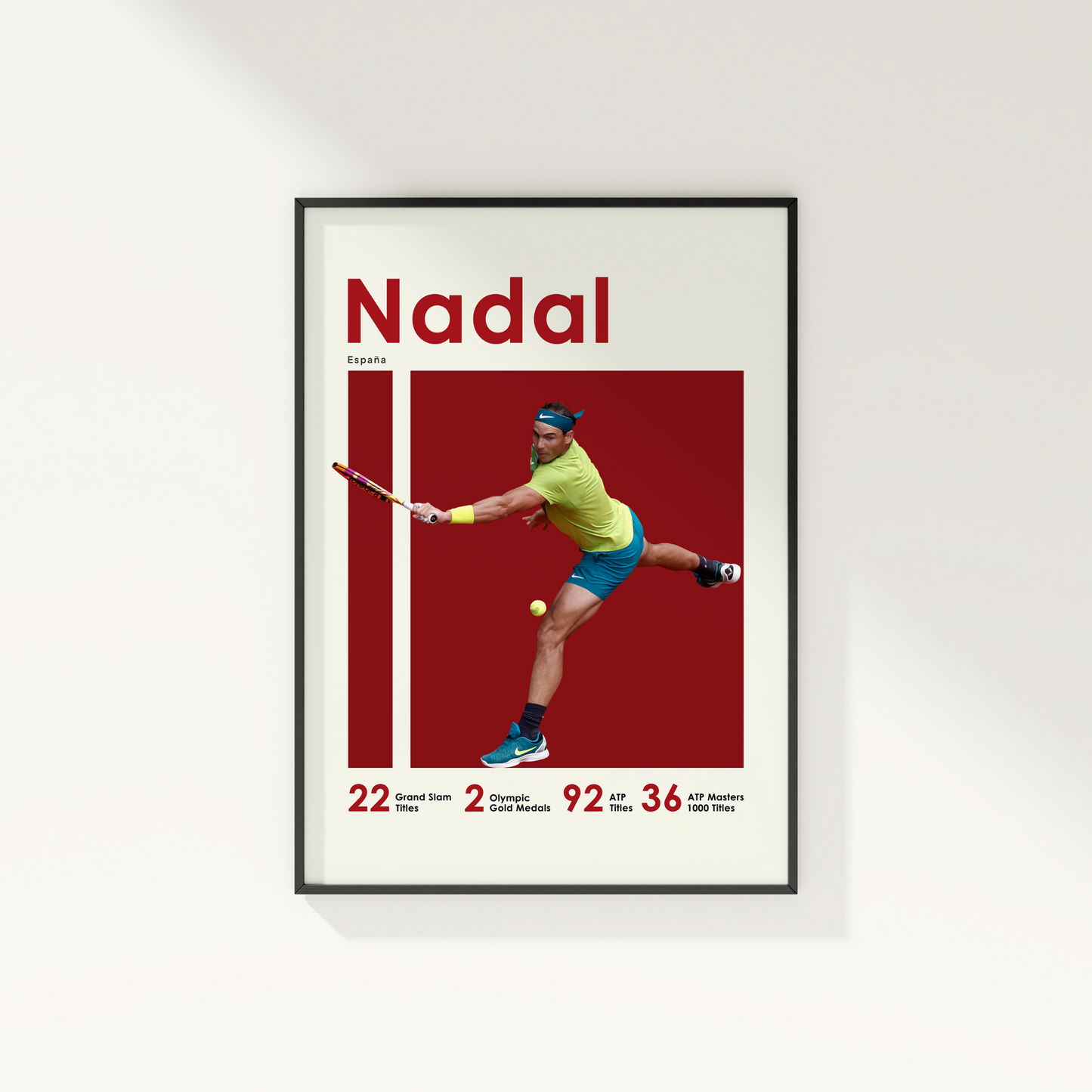 framed poster mockup of tennis player rafael nadal hanging on a white wall