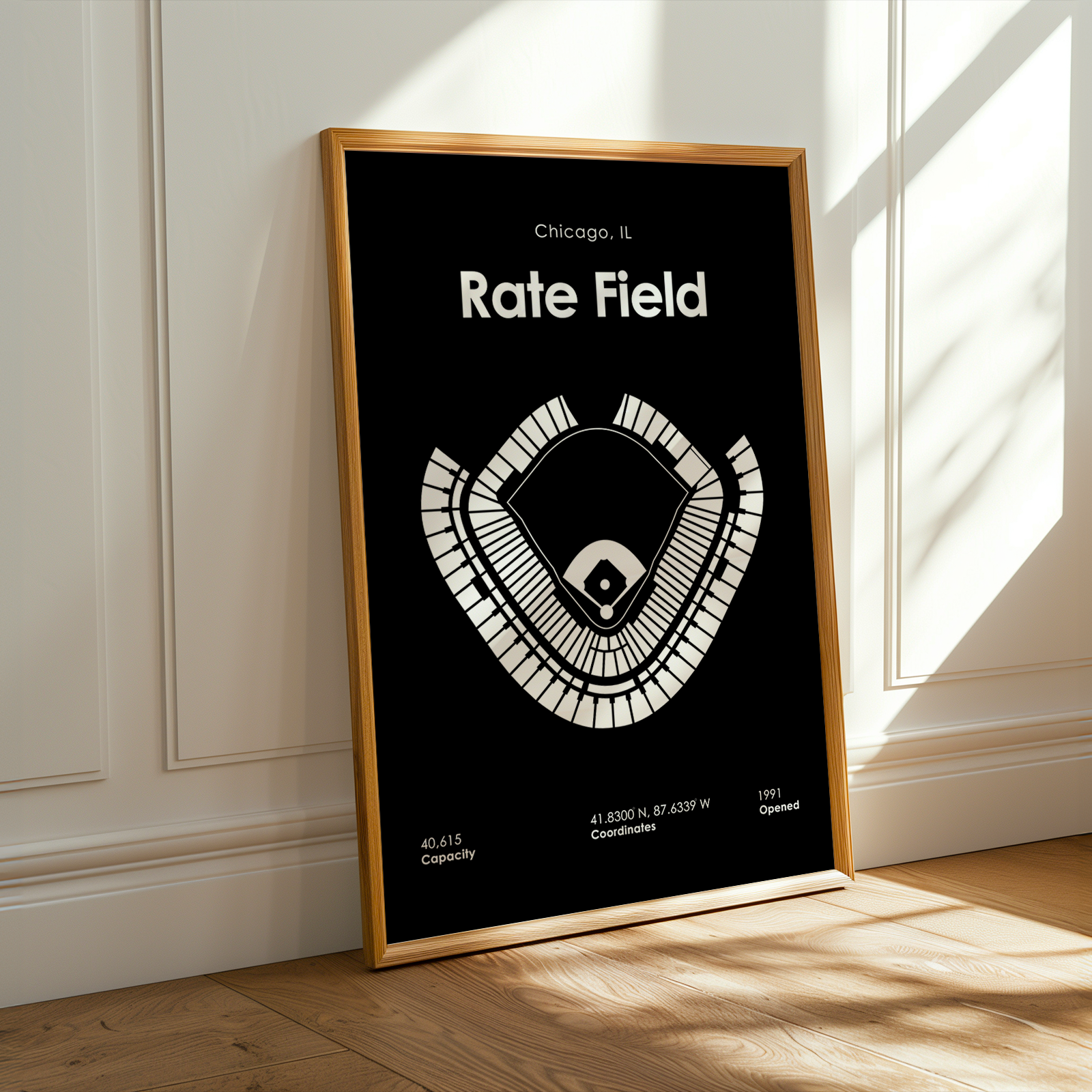 Framed poster with 'Rate Field' design on a black background, leaning against a white wall.