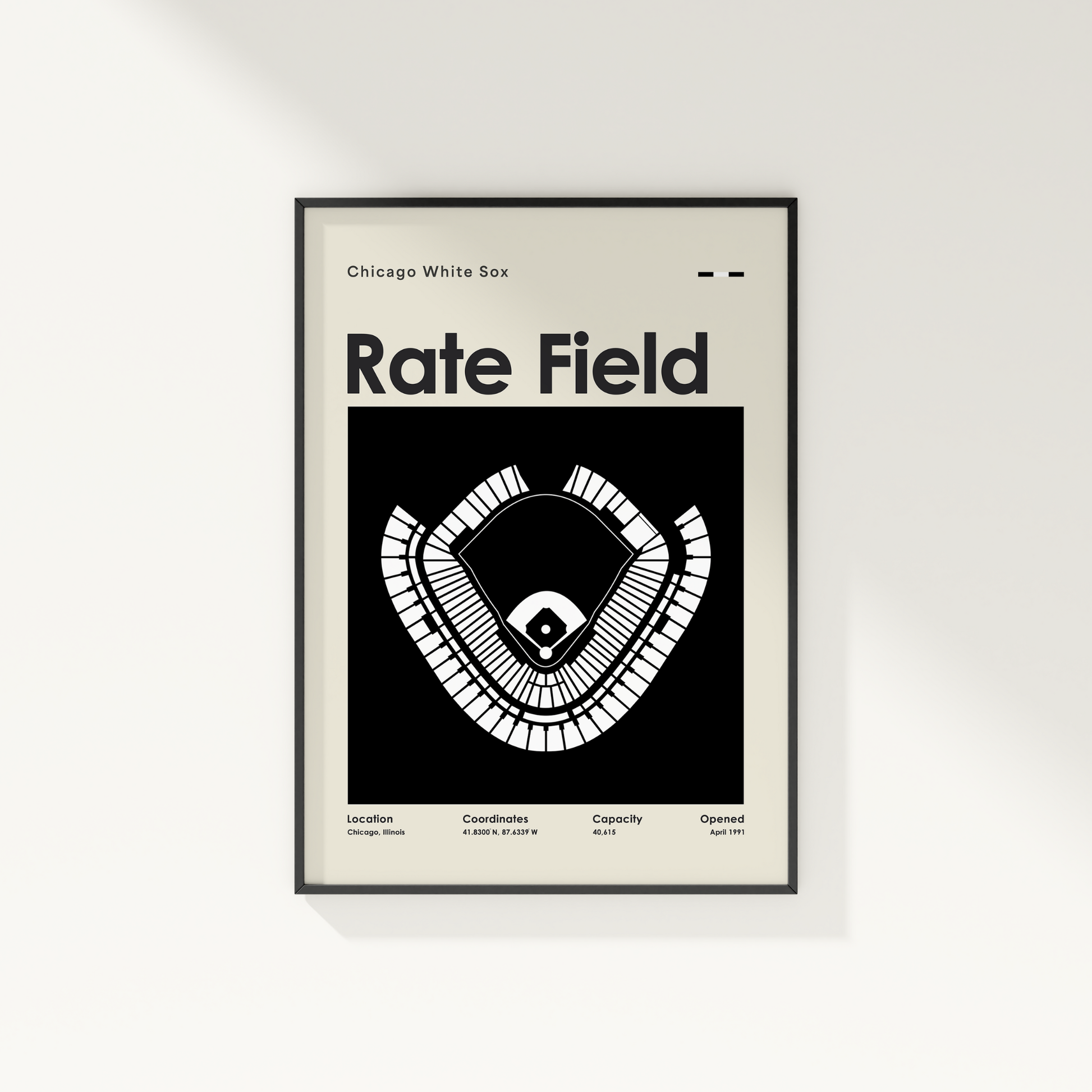 Framed poster of Chicago White Sox Rate Field design on a white wall.