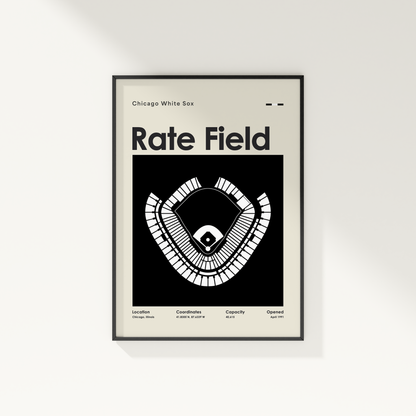 Framed poster of Chicago White Sox Rate Field design on a white wall.
