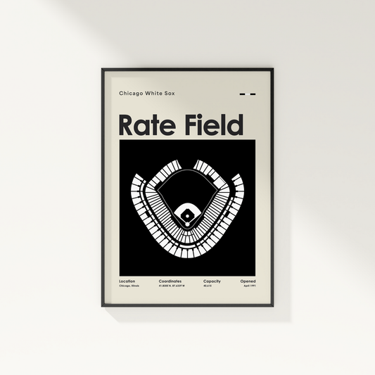 Framed poster of Chicago White Sox Rate Field design on a white wall.