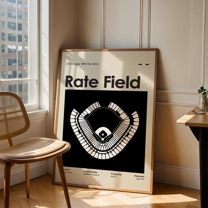 Framed poster of a baseball stadium layout titled 'Rate Field' in a room with a chair and table.