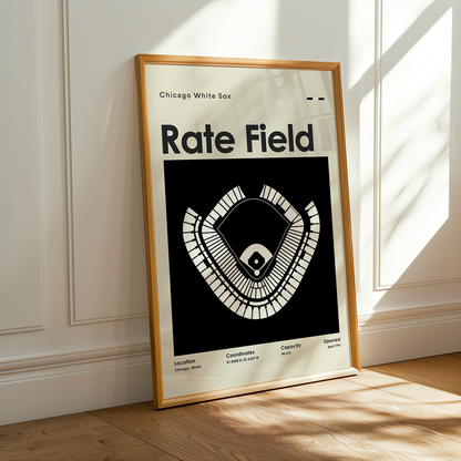 Framed poster of a baseball field design on a wall with sunlight casting shadows.