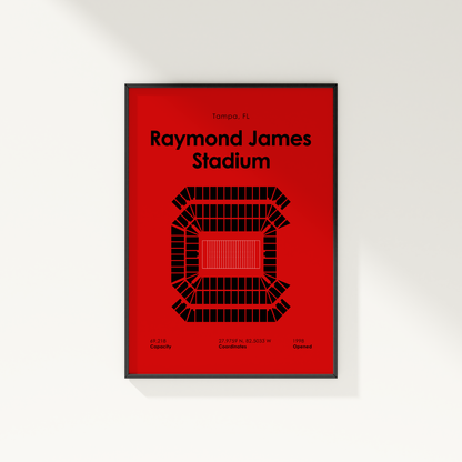 Framed poster of Raymond James Stadium with red background and black text.
