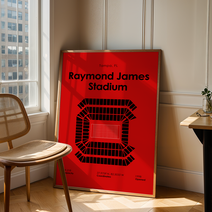 Poster of Raymond James Stadium in a room with a chair and table.