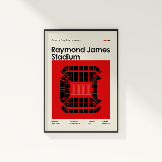 Framed poster of Raymond James Stadium with red and black design on a white background