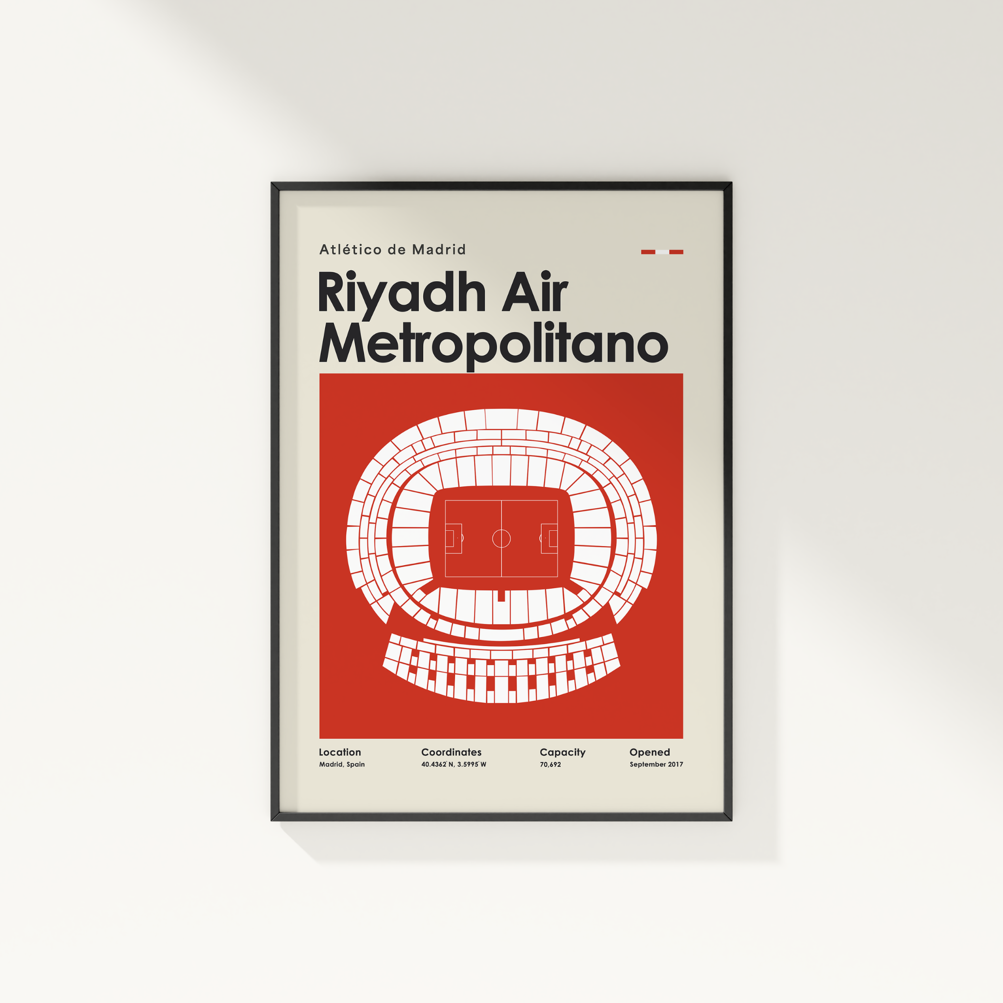 Framed poster of Riyadh Air Metropolitano with stadium illustration on a beige background